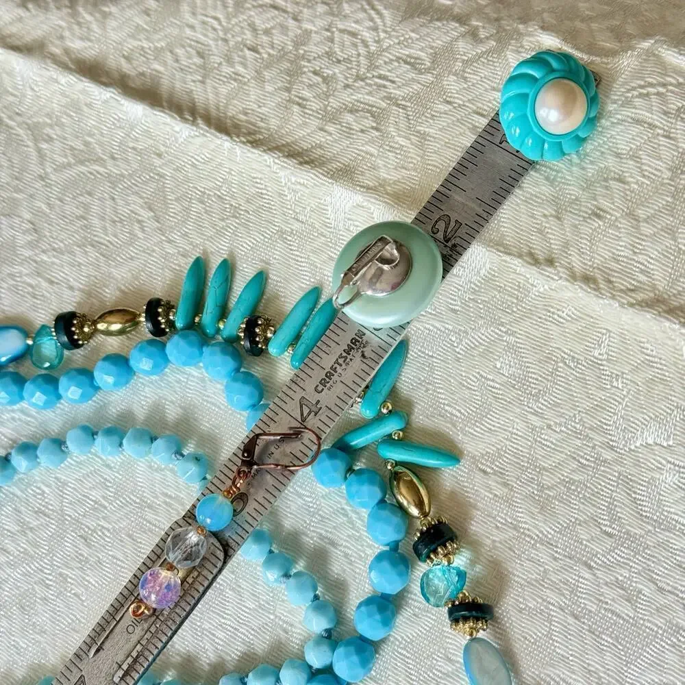 Vintage 10 Piece Turquoise Lucite Glass Bead Necklace & Earring Lot 12.7oz 50’s